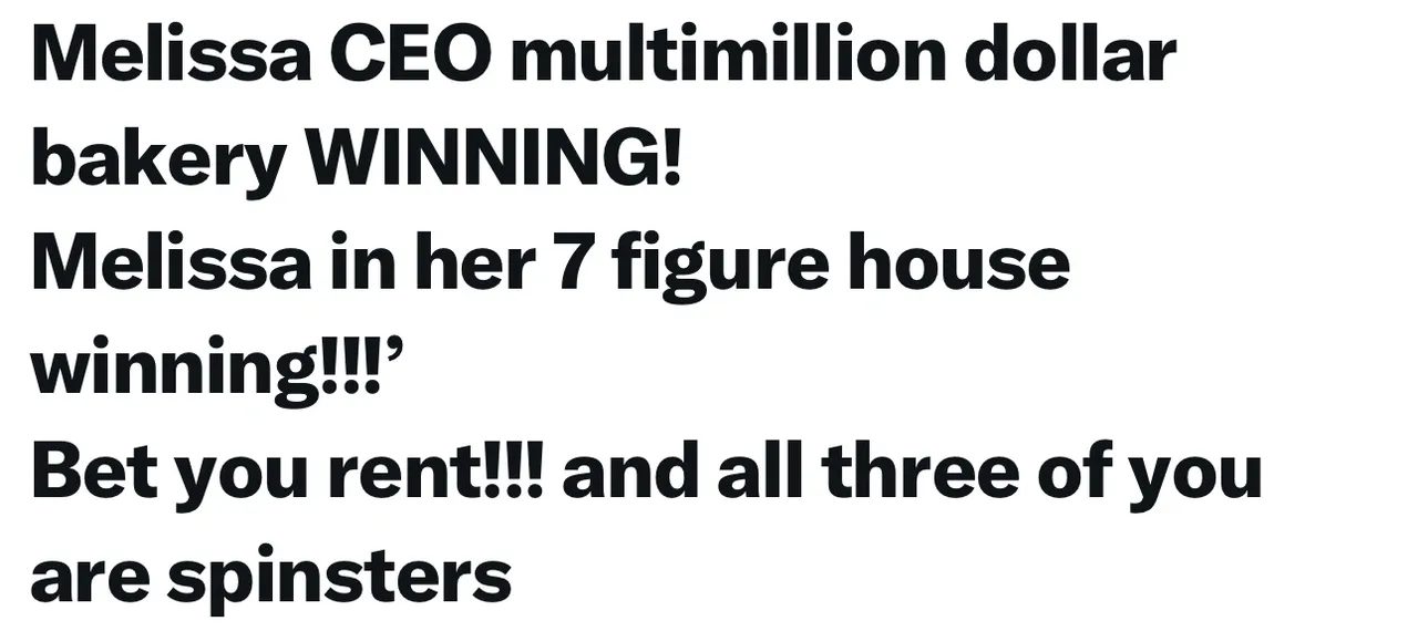 Screenshot of a post by AnnMarie Calderaro calling Melissa Calrow a CEO of a multimillion dollar bakery and calling the Esendemir sisters spinsters