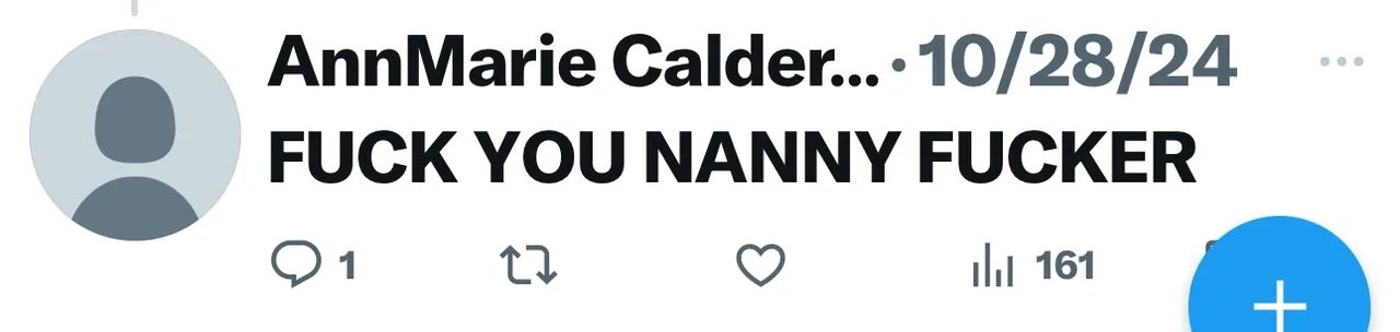 Screenshot of an October 2024 reply on X by AnnMarie Calderaro cursing at Doug Emhoff, Kamala Harris's husband
