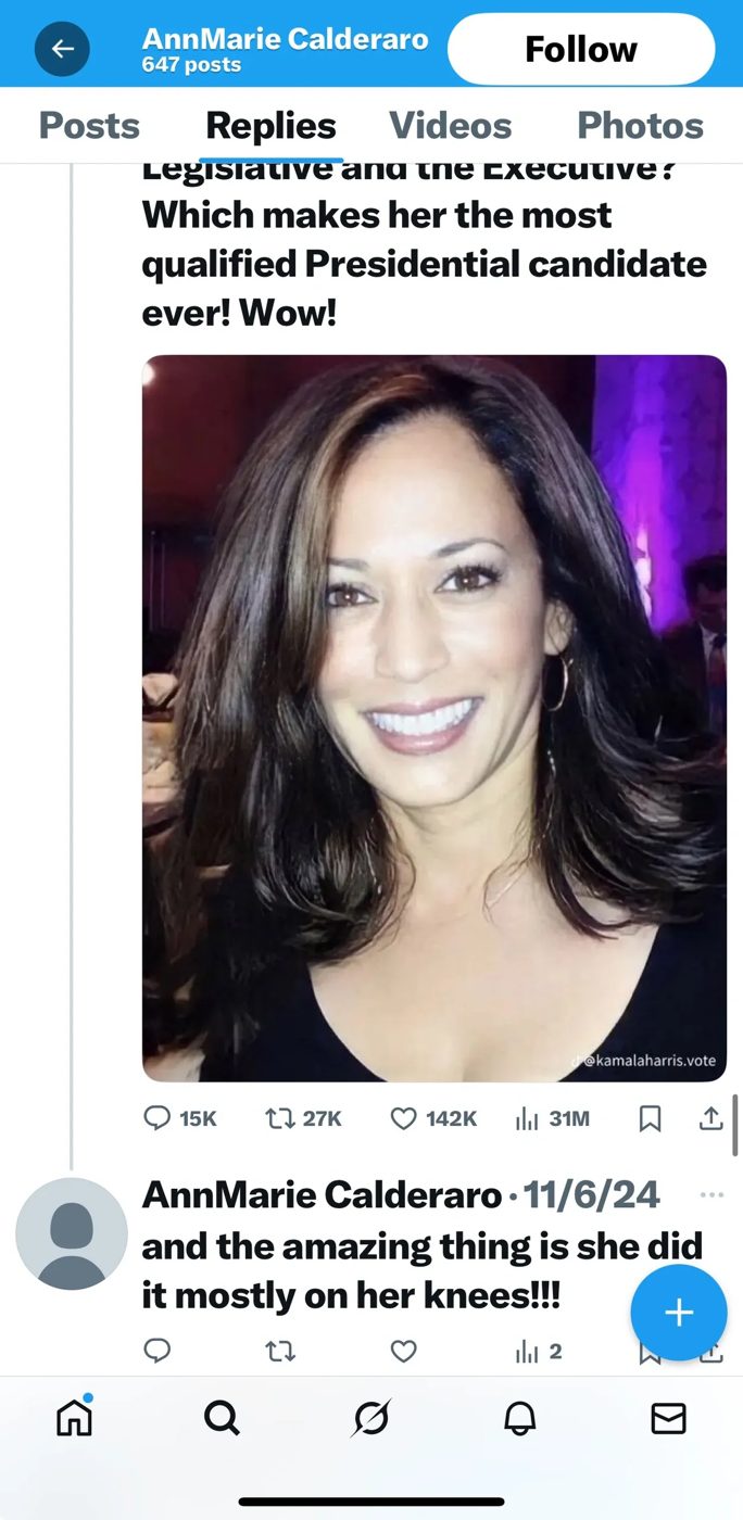 Screenshot of a November 2024 reply on X by AnnMarie Calderaro with a crude sexual insult about Kamala Harris