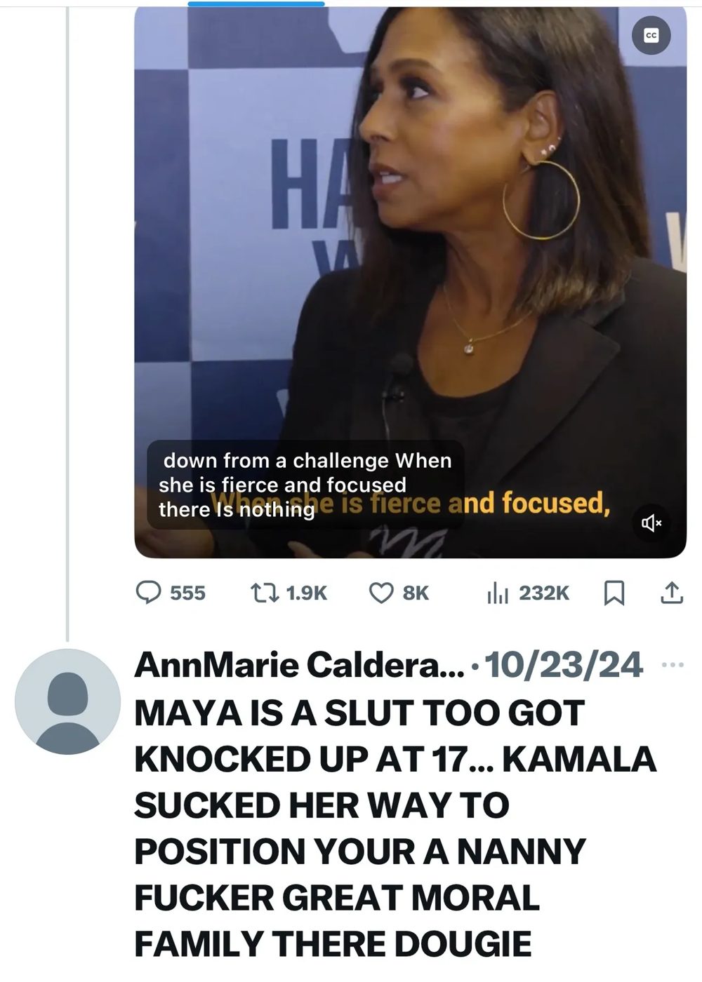 Screenshot of an October 2024 reply on X by AnnMarie Calderaro under a Kamala Harris post, insulting Harris's niece and husband