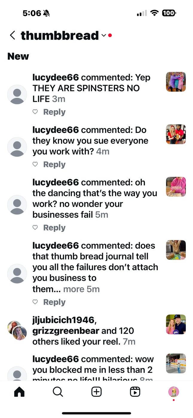 Screenshot of Instagram comments left on our Thumb Bread® account by LucyDee66, a handle we traced to AnnMarie Calderaro, calling us spinsters and failures