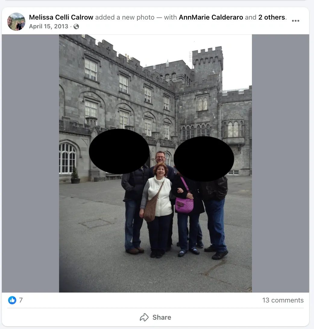 Melissa Calrow's 2013 Facebook post of a vacation photo with AnnMarie Calderaro