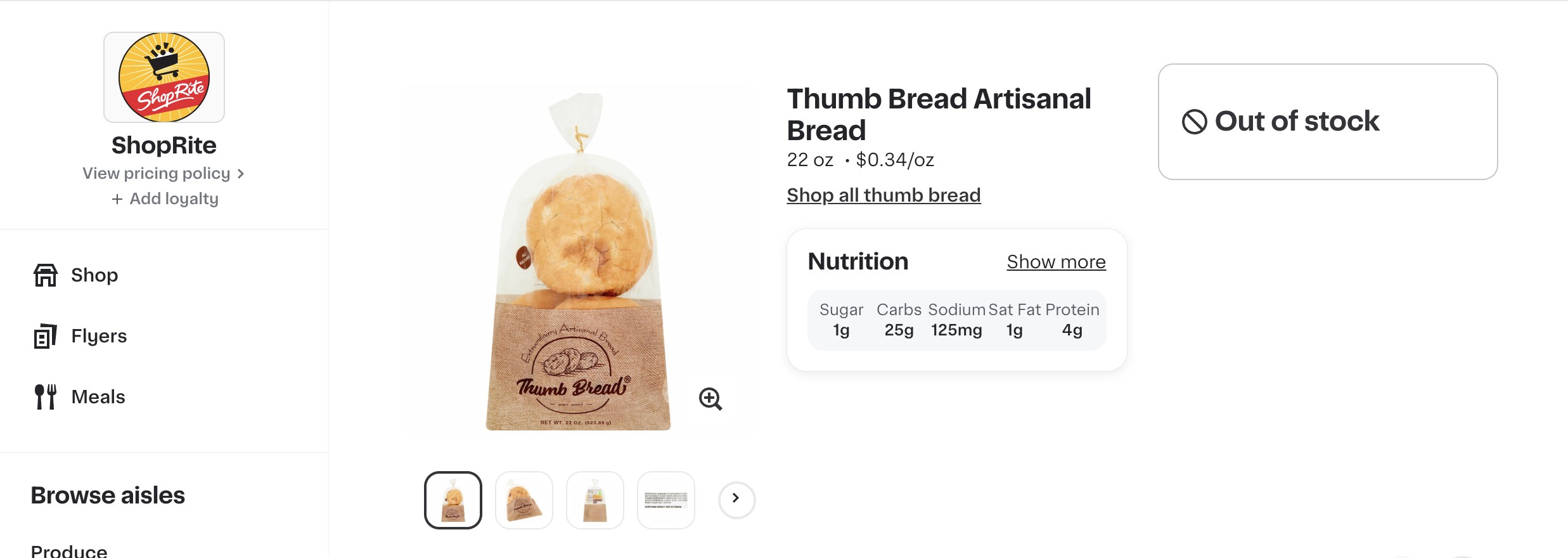 ShopRite online listing for Thumb Bread® Artisanal Bread, 22 oz, marked Out of stock