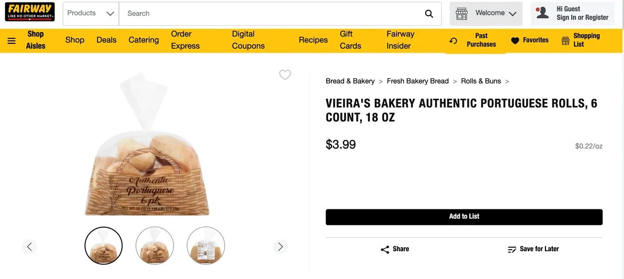 Fairway Market listing for Vieira's Bakery Authentic Portuguese Rolls in the replacement bag