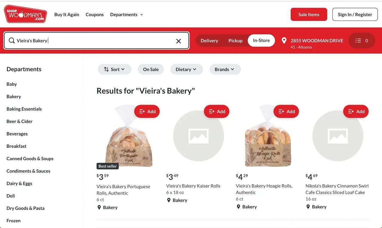 Woodman's search results for Vieira's Bakery, including Vieira's Bakery Authentic Portuguese Rolls