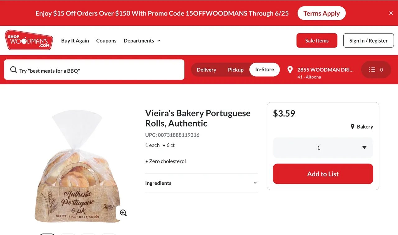 Vieira's Bakery Authentic Portuguese Rolls in the burlap-look bag listed for sale on Woodman's website