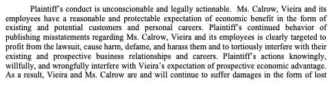 Excerpt from Vieira's Bakery's lawyers' letter claiming our posts interfere with Vieira's and Melissa Calrow's economic advantage