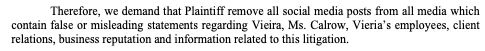 Excerpt from Vieira's Bakery's lawyers' letter demanding we remove our social media posts