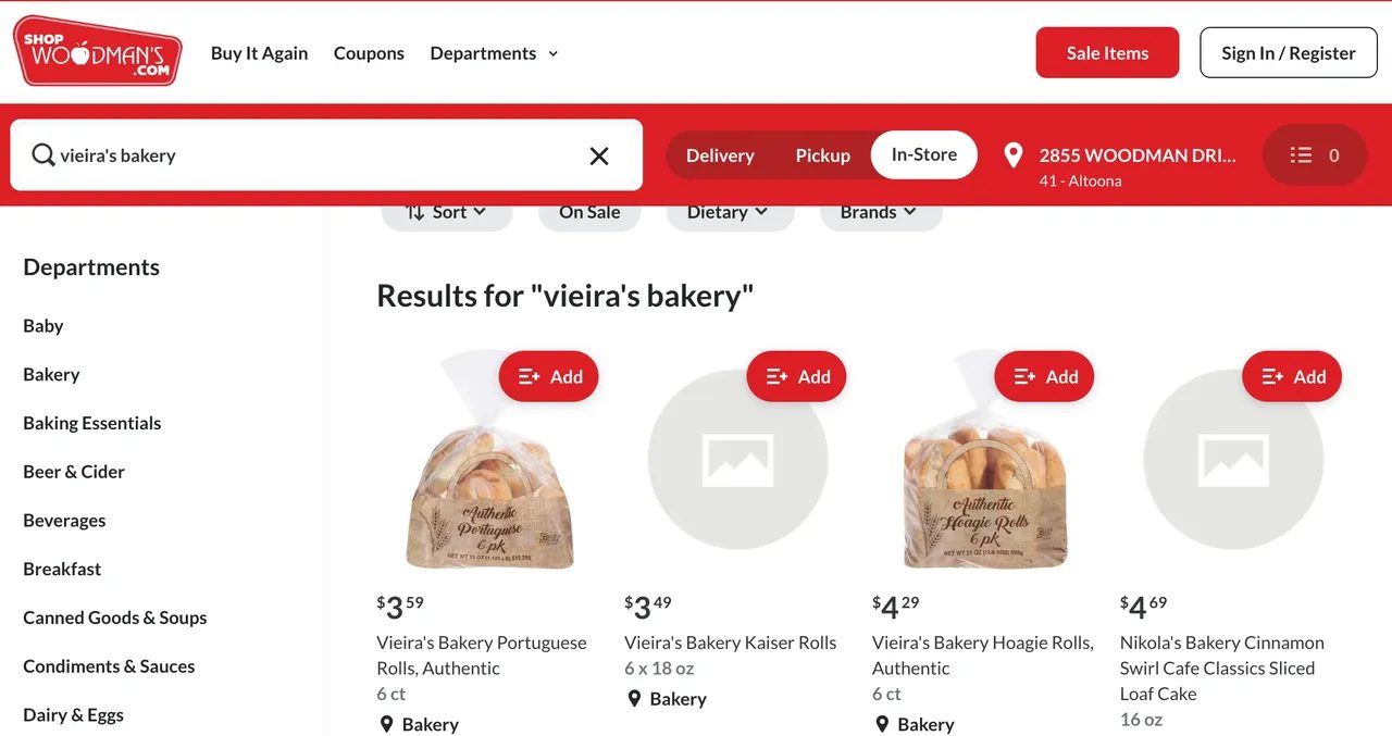 Price Rite search results for Vieira's Bakery, showing Vieira's Bakery Authentic Portuguese Rolls