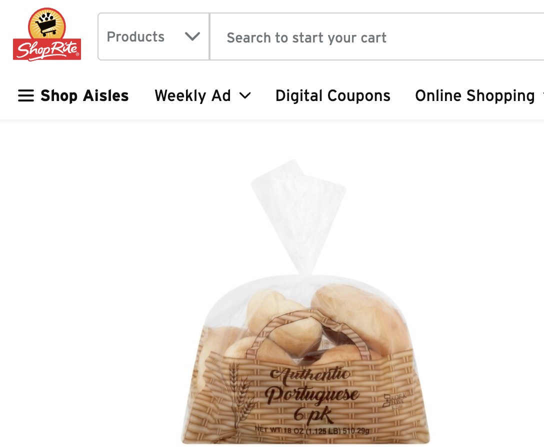 ShopRite listing for Vieira's Bakery Authentic Portuguese Rolls in the replacement bag