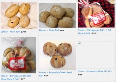 Vieira's Bakery products page from June 2018 showing rolls in non-burlap packaging