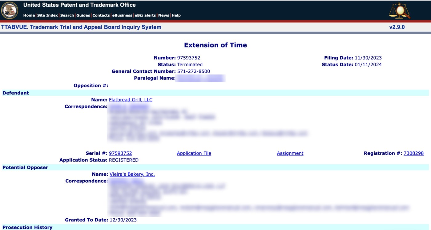 USPTO Trademark Trial and Appeal Board record of Vieira's Bakery, Inc. contesting a Flatbread Grill, LLC trademark filing