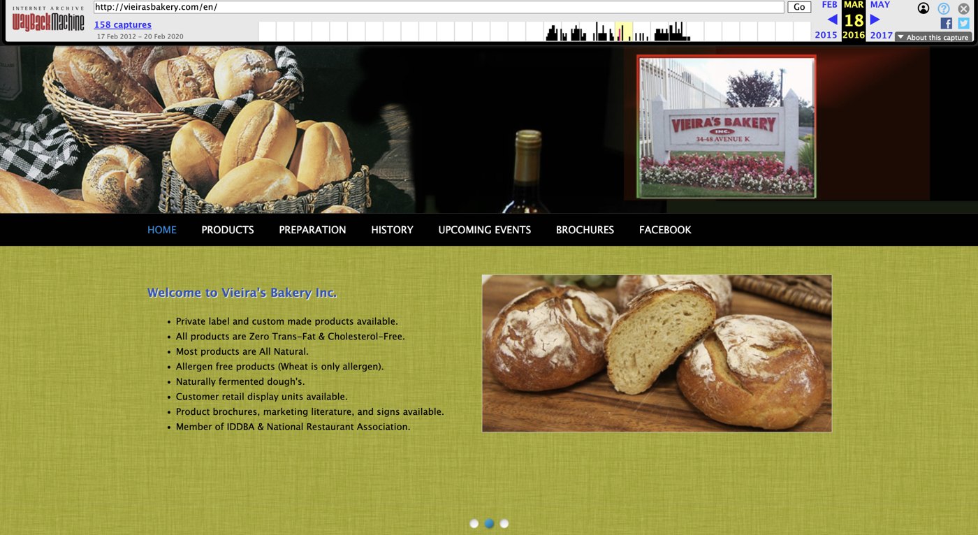 Vieira's Bakery website in 2016, before meeting Flatbread Grill®, with no burlap anywhere