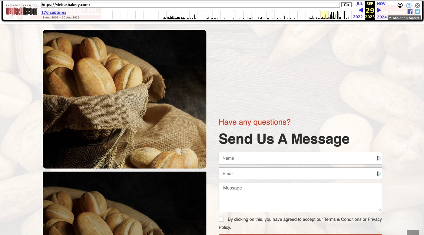 Vieira's Bakery website in 2023, after the cease and desist, now showing burlap